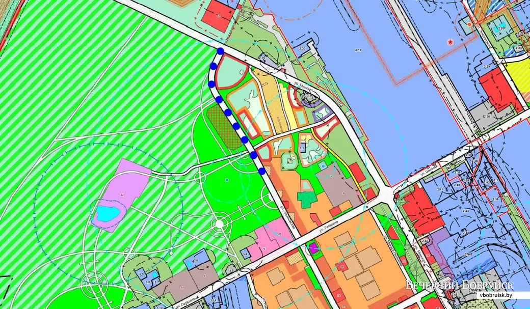 Фрагмент генерального плана Бобруйска, утвержденного в 2019 году. Синими точками отмечен будущий участок улицы Ульяновской.