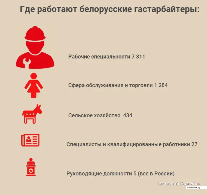 Где работают мигранты из Беларуси (по официальной статистике МВД). В статистике МВД учтены только граждане, выезжающие на работу за границу через организации, имеющие