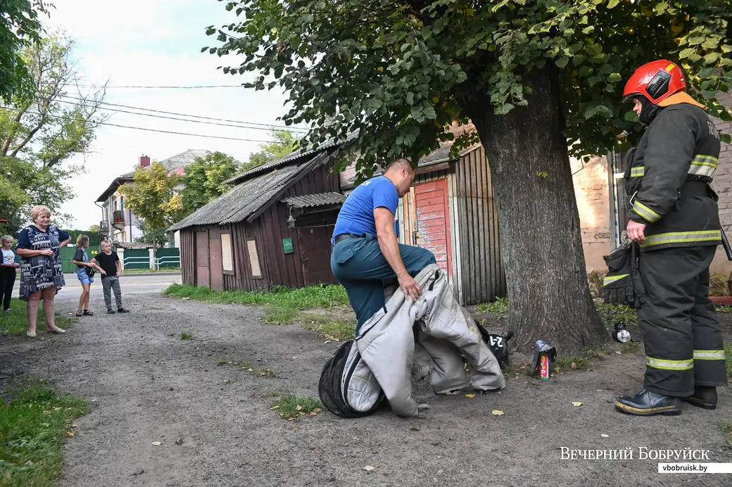 Бойцы пожарной аварийно-спасательной части №1 ликвидируют осиное гнездо в окне жилого дома на улице Бахарова в Бобруйске.