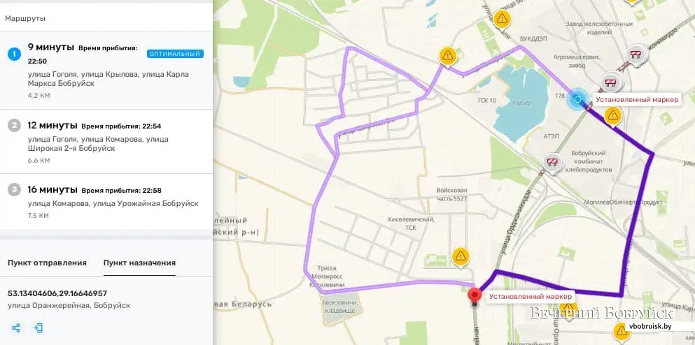 Возможные пути объезда закрытого переезда. Карта сделана в приложении Waze