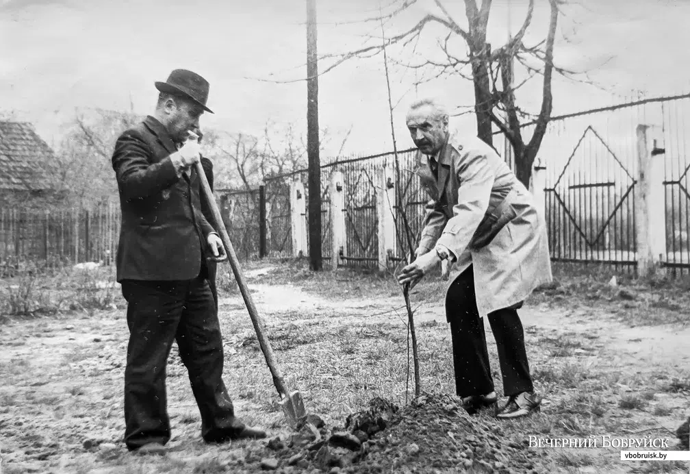 Благоустройство двора. Справа отец Галины Александр Бодрый. 1960-е годы.