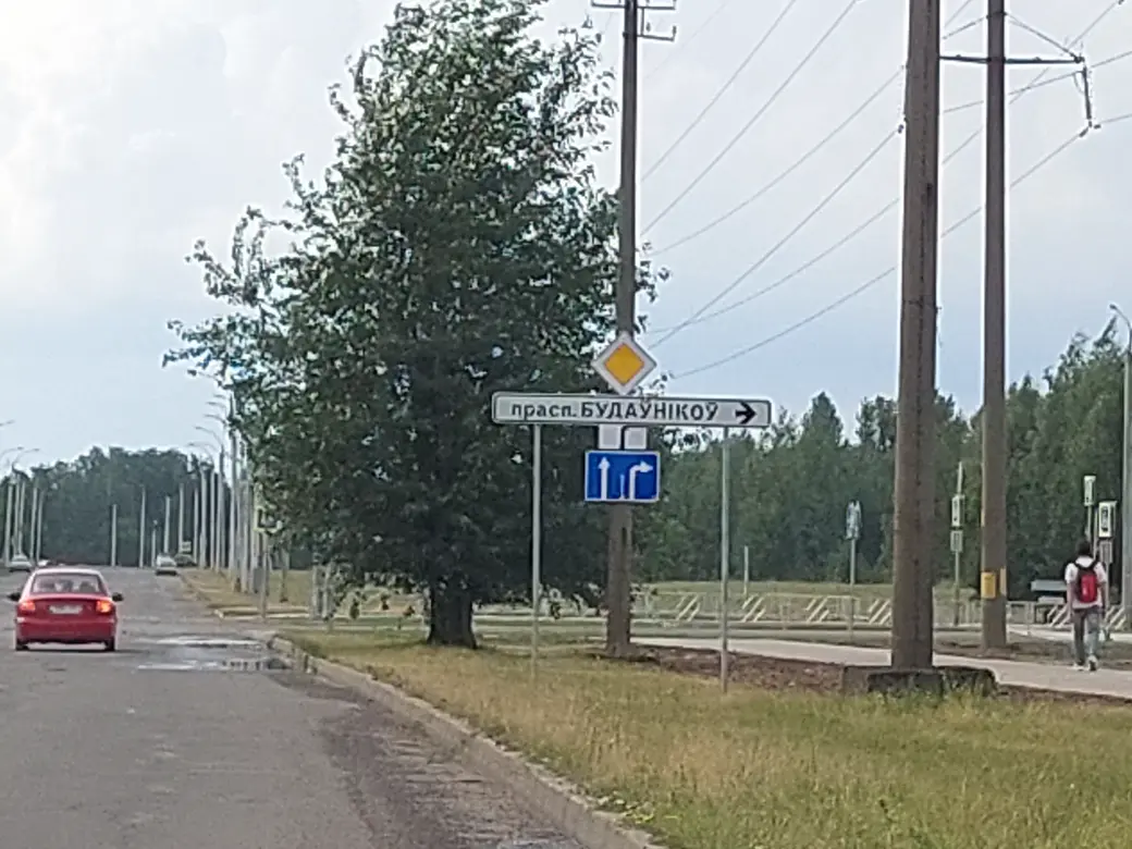 Знак о том, что главная дорога меняет направление, почти не заметен под названием улицы. Фото читателя
