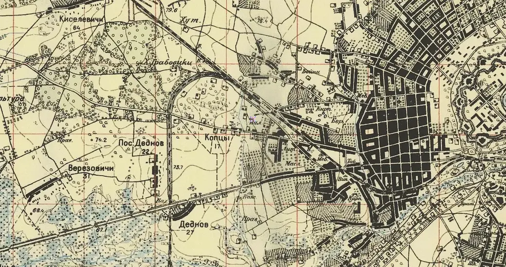 Поселок Деднов на карте-верстовке Беларуси (1910).