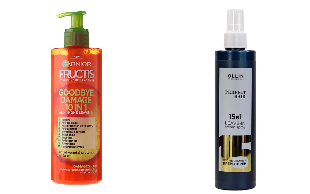 Крем Garnier Fructis «Goodbye Damage 10 in 1» – слева. Спрей с термозащитой Ollin 15 in 1 – справа.