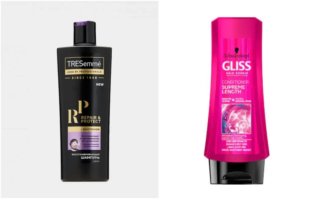 Шампунь Tresemme «Repeir&Protect» – слева. Кондиционер Gliss Kur «Supreme Length» – справа.