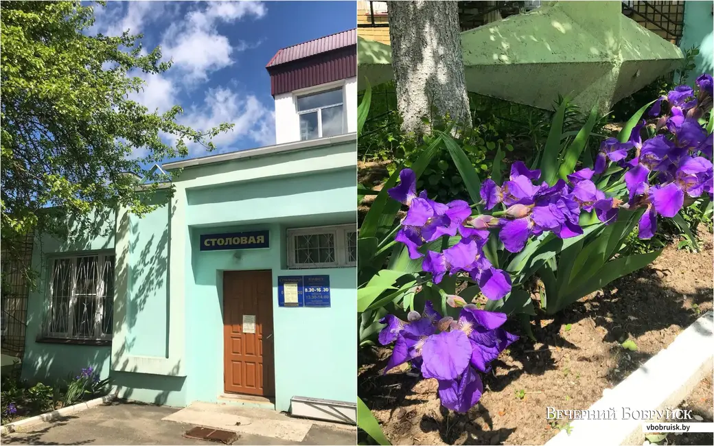 Вход в столовую находится слева от центрального входа на завод.