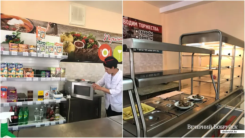На раздаче работает два человека: одна девушка греет и подает еду, другая работает за кассой.
