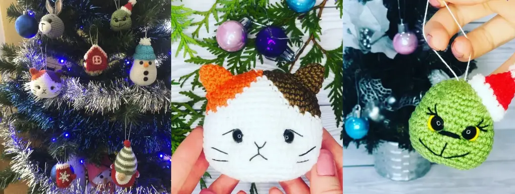 Елочные игрушки в технике Амигуруми.