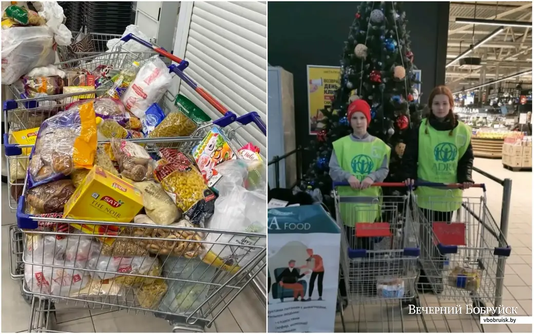 Столько продуктов было собрано 21 декабря в магазине «Виталюр» на ул. Минской. На фото справа: волонтеры Андрей Костин и Карина Гаврилюк.