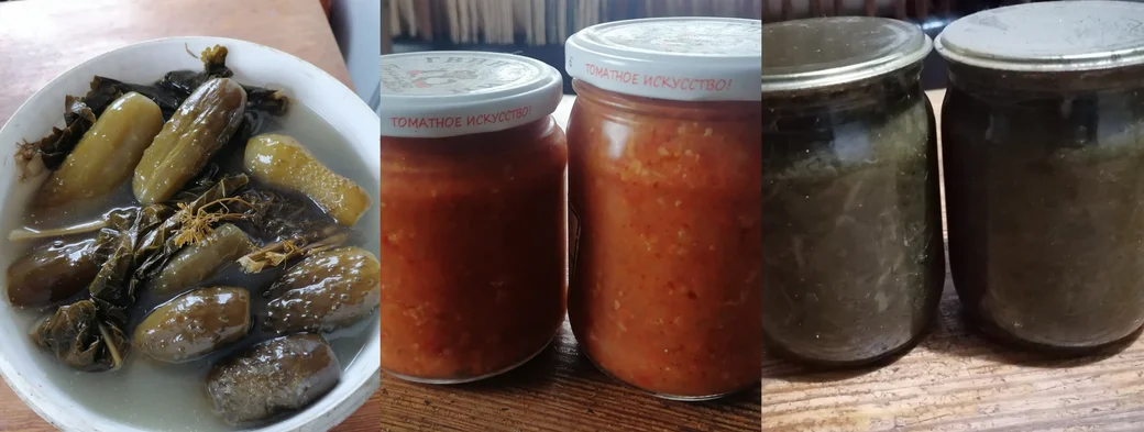 Огурчики бочковые, аджика и щавель.
