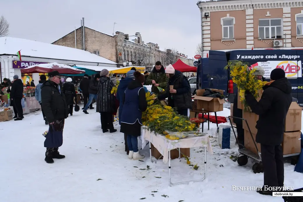 7.03.2023, Бобруйск. Бойкая торговля мимозой у центрального рынка.