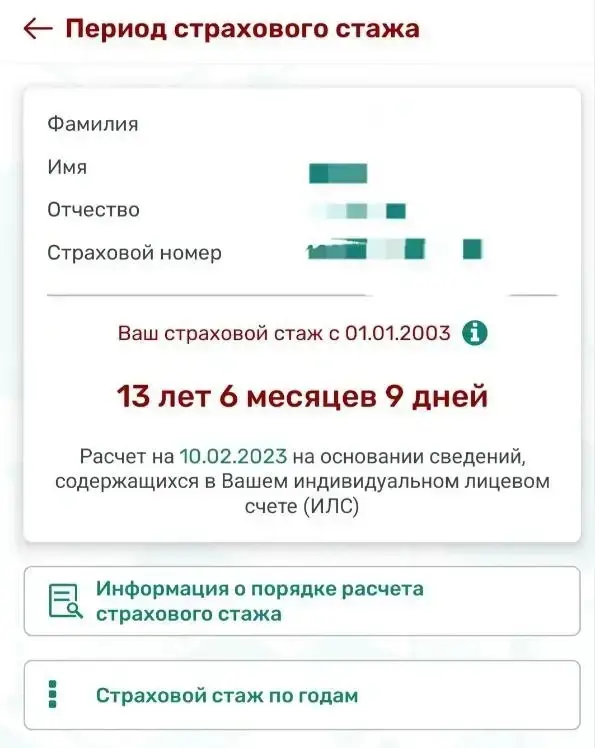 В этом разделе указан страховой стаж по годам.