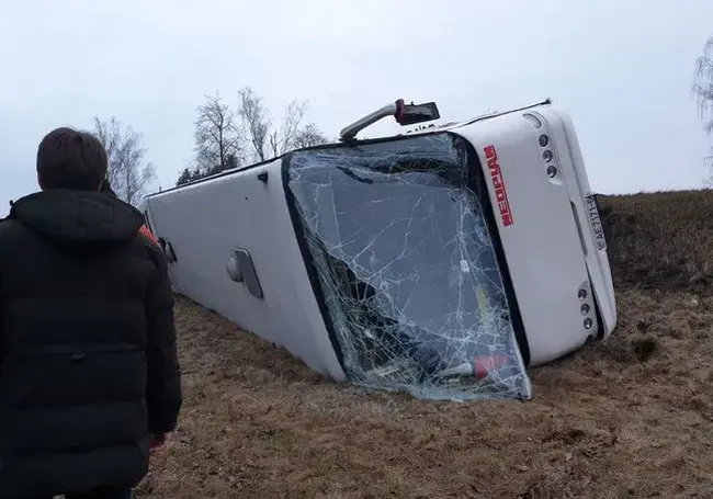 Под Могилевом туристический автобус съехал в кювет и перевернулся